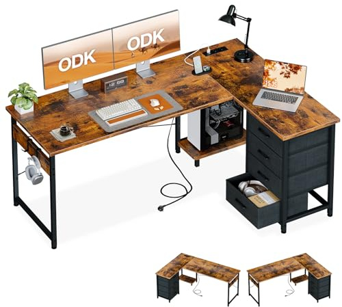 ODK Hörnskrivbord med 4 Tyglådor, 155x110cm, Vintage Trä | 4 Förvaringslådor, L-formigt Bord med Hyllor, Reversibel Design, USB och Inbyggda Eluttag för Hemmakontor