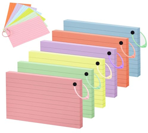Lifuncren 300PCS Fiche Bristol, Fiches Bristol 7,6 x 12,7 cm, 6 Couleurs Flash Cards Perforées avec 6 Anneaux de Liant, Cartes de Révision Flashcards pour Prise de Notes L’éCole Maison (005)