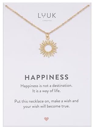 LUUK LIFESTYLE Filigrane Halsketten mit Anhänger und Karte mit HAPPINESS Spruch, zeitloses Design und moderne Motive, in Silber, Gold und Rosegold