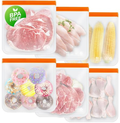 Reusable Freezer Bags, Leakproof Food Storage Bags, BPA FREE Ziplock Bags, Food Containers for Meal Prep,Travel, Make-Up, Fridge Kitchen Organization, 6 Pack (6 Extra large)