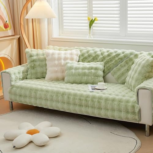 Upgraded Couch Covers- Thick Fuzzy Fleece Non-Slip Sofa Cover,Non Slip Sofa Cover, Autumn Winter Washable Sectional Cosy Plush Couch Cushion Cover for Living Room (Color : Green, Size : 70 * 150CM)