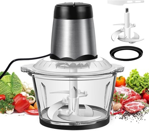 2L Mini Food Processor, Electric Vegetable Chopper with Glass Bowl, Small Meat Grinder with 2 Speed Settings, Detachable Design, 4 Bi-Level Blades for Meat, Smoothie, Onions, Fruit, Vegetables