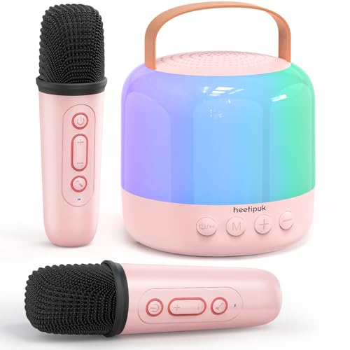 Máquina de Karaoke Mini para Niños, Altavoz Bluetooth Portátil con 2 Micrófonos Inalámbricos, Altavoz de Karaoke con Luces LED, Juguete para Fiestas de Cumpleaños en Casa para Niñas 3-11+ Años- Rosa