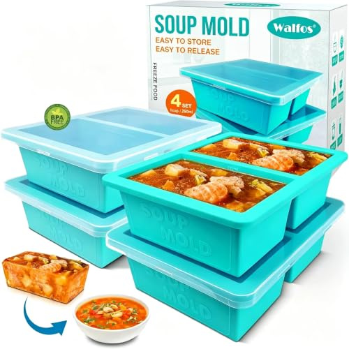 Walfos 1-Cup Silicone Freezer Molds with Lid, 4 Packs Soup Freezer Ice Cube Tray for Food, Silicone Food Freezing Container for Storing and Freezing Soup, Broth, Sauce and Ice