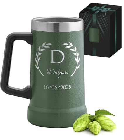 Maverton Mug Isotherme Personnalisable Vert 700 ml, Verre a Biere en Inox | Gobelet avec Anse, Idee Cadeau Homme, Cadeau Personnalisé pour Amateur de Bière avec prénom gravé Homme barbu
