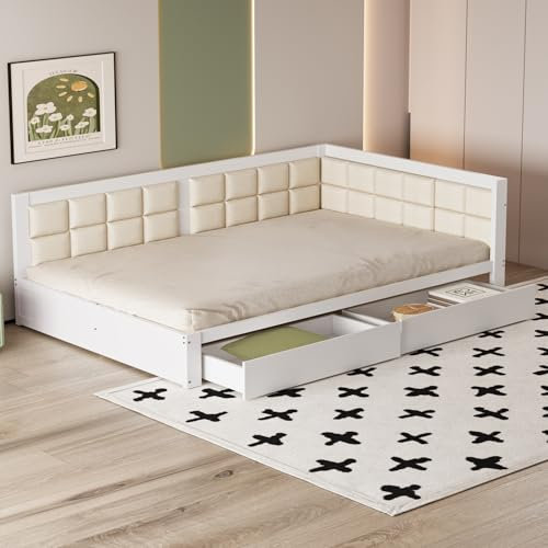 Schlafsofa Holzbett 140x200, Tagesbett Sofabett Doppelbett mit Lattenros&2 Stauraumschubladen&Ergonomisch Rückenlehne, multifunktionales Bett Gästebett Jugendbett, Kiefernholz, Ohne Matratze, Weiß