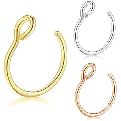 Yamobi 3er Set Fake Nasenpiercing Ring,8mm Unechter Nasenring, Septum Clip, Piercing Set aus Edelstahl, Nasenpiercing ohne Stechen für Damen und Herren in Gold, Roségold und Stahl