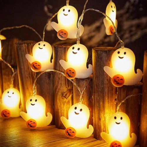 Luci di zucca fantasma di Halloween, luci a stringa fantasma zucca di Halloween, 2 metri, 10 luci a LED per decorazioni di Halloween, luci all'aperto di Halloween a batteria per decorazioni di