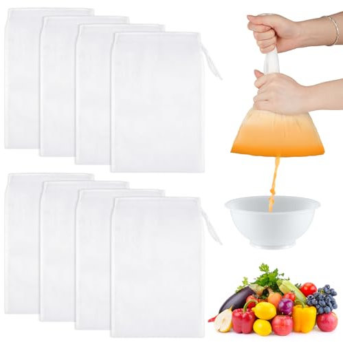 8 Stück Nussmilchbeutel, Passiertuch Wiederverwendbar 30 x 20 cm, Feinmaschiges Filterbeutel mit Kordelzug, Abseihtuch Waschbar Nylon Nussbeutel für Käse Kaffee Joghurt Fruchtsaft Gemüsesaft