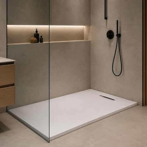 Yellowshop - GENESIS Piatto doccia rettangolare marmoresina h 2,5 cm antracite e bianco finitura ardesia scarico laterale a scomparsa con sifone diverse dimensioni (Bianco, 80x100)
