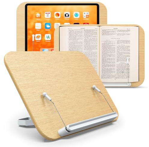 Buchständer aus Holz, verstellbarer Buchhalter und Büroklammern, faltbar, elastische Clips, multifunktionaler Präsentationsständer zum Lesen von Rezepten, Kochbüchern, Tablets, Laptops (Holz)