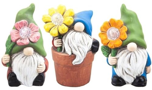 JMS we create smile - 3 x Gonks/Gnomes/Norms Solar Flower light for Garden, Decking, Patio, Window Decoration