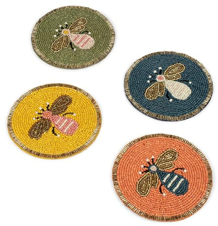 Dreamy Walls Beaded Coaster Set of 4 – Multicolor Glass-Bead Drink Coasters, Boho Table Decor for Dining & Gifting