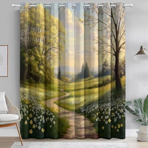Tende oscurante Paesaggio Primaverile Dipinto Ad Olio Prato 70L x 145A cm (2 Pannelli), Tenda Termica Isolante Anti Freddo e Caldo, Tende Oscurante Opache con Occhielli, per Soggiorno, Verde