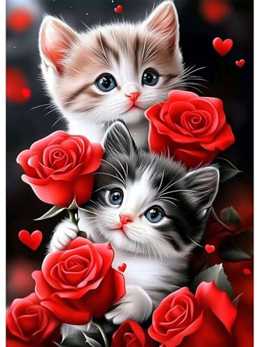 QENSPE Katze Diamond Painting Kit Erwachsene, Diamond Art Rose, 5D Diamant Malerei DIY Gems Kreuznähte Diamants Kunst Handwerk für Haus Zimmer Wand Dekor 30x40cm