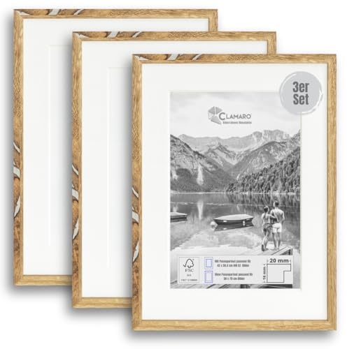 CLAMARO Bilderrahmen 50x70 cm, 3er Set, Eiche Altholz, Profilbreite 20 mm | Acrylglasscheibe, HDF-Rückwand mit Standfuß, Wandaufhängung, FSC-Holz, für Fotos, Urkunden, Poster