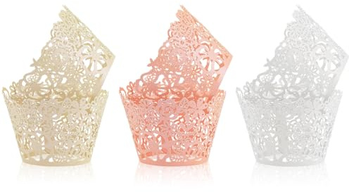 TRKETK 60 Stück Cupcake Wrappers Spitzen-Cupcake-Einlagen Lasergeschnitten Kuchen Pappbecher Förmchen Durchbrochene Spitze für Hochzeiten Geburtstagsfeiern und Festliche Dekorationen
