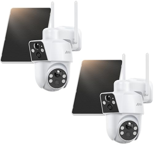 ANRAN 2K+2K Caméra Surveillance WiFi Extérieure san Fil,Double Objectif/PIR | 360° Solaire Caméra, Vision Nocturne Couleur, Audio Bidirectionnel, Étanche, Batterie Haute Capacité, 2Pcs