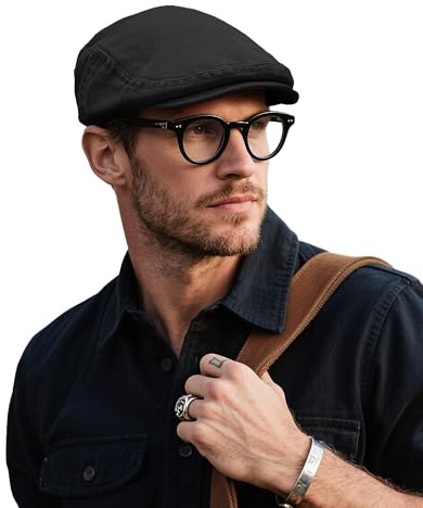 Clakllie Baumwolle Flatcap Herren Newsboy Cap Vintage Schiebermütze Tellermütze UV-Schutz Schirmmütze Gatsby Ivy Irish Hat,NBAF2504-Black