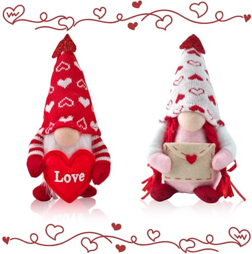 Valentine Day Gnomes Plush Decorations 2pcs Stuffed Gnomes Couple Figurines Handmade Indoor Decor for Home Table Kitchen Coffee Bar Winter Valentine Gifts for Women Men Girlfriend Wife