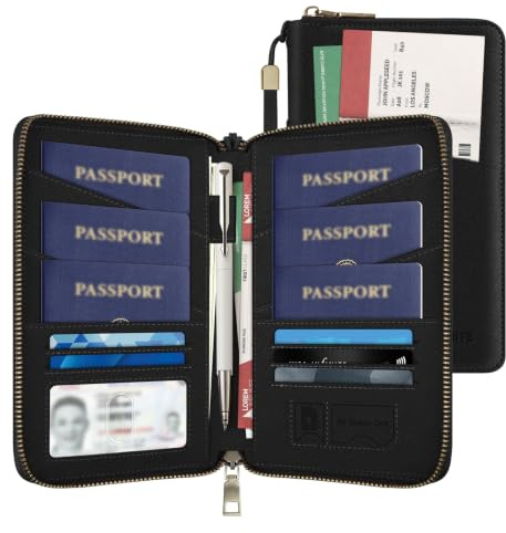 Likesing Family Passport Holder for 4, RFID Multiple Passport Holder-Black | Leather RFID Blocking Travel Passport Wallet with Zipper, Travel Document Organizer with Wrist Strap Card Slots for Women Men