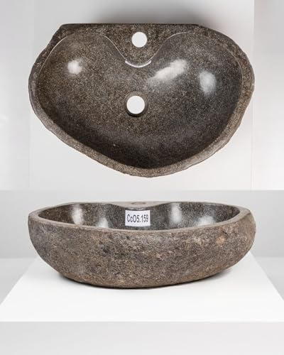 WohnFREUDEN - Lavabo ovale in pietra, 50 cm, con foro per rubinetto, bagno, WC, giardino, pietra fiume, lavandino a mano