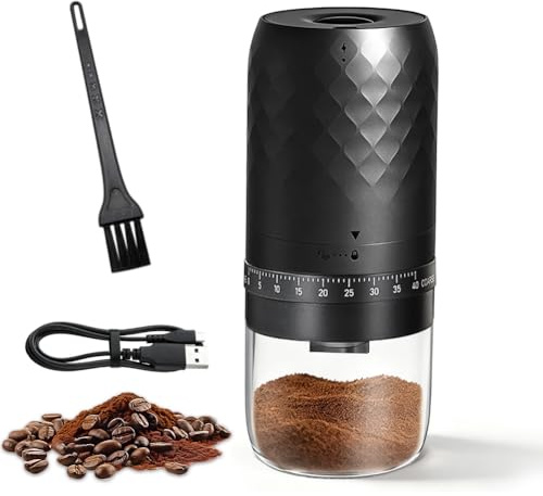 Moulin à café électrique portable, broyeur conique avec 5 degrés de mouture réglables, charge rapide USB-C et bouton unique, opération, brosse de nettoyage incluse, pour voyage, camping (D2)