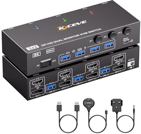 8K@60Hz HDMI Displayport Dual Monitor KVM Switch, ESKEVE 4K@144Hz KVM Switch 2 Monitor 3 computer with 4 USB Devices, Include Power Adapter, Wired Remote and 3 USB Cables
