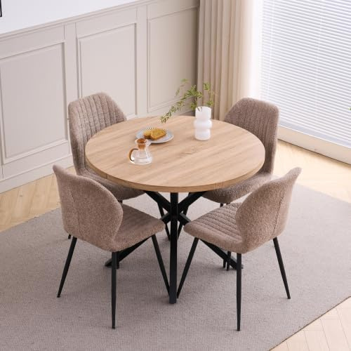 JZGORC Esstisch und Stuhlset, 100 * 100 * 76.5 cm Runder Esstisch und 4 Moderne Teddy-Fleece Stühle,Metallbeine, für Esszimmer, Küche, Wohnzimmer,Helle Holzmaserung + Braun