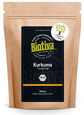 Biotiva Curcuma In Polvere BIO- 1000g - Contenuto di curcumina pari ad almeno il 3% - 100% Puro e Naturale - Superfood - radice pura di curcuma preziosa - busta richiudibile - confezionato in Germania