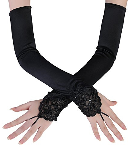BABEYOND Gant de Soirée Femme Gant Long Satin Mariage Satin Accessoire de Robe Année 1920 Style Classique pour Mariage Soirée Opéra Taille Élastique Noir 45cm