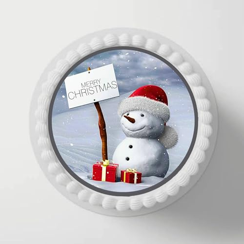 Cute Snowman Christmas Edible Cake Topper | Festive Winter Design | 7 Inch Precut Round | Wafer or Icing Sheet