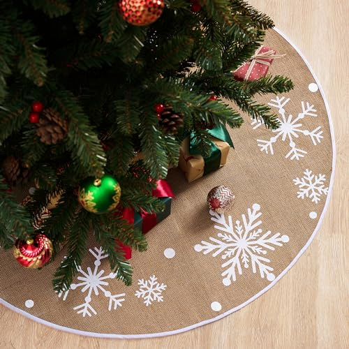 JOIEDOMI 91,4 cm großer Weihnachtsbaumrock aus Jute mit Schneeflocken, Dekoration für Weihnachten, Zuhause, Urlaub, Innen- und Außenbereich, saisonale Dekorationen