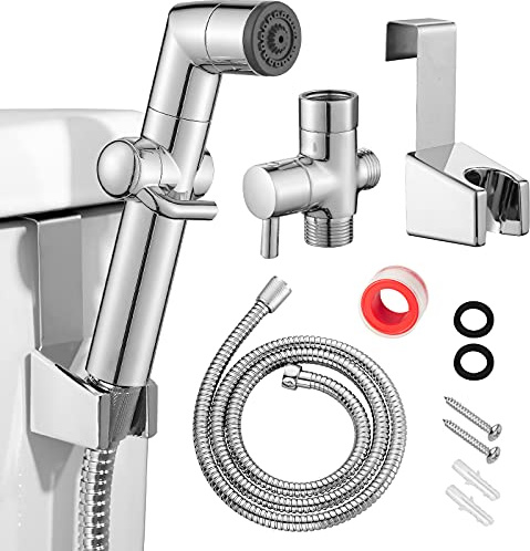 JONKEAN Muslim Shower, Water Pressure Control Toilet Bidet Sprayer, Multi-Function Diaper Sprayer for Toilet, Hand Held Bidet Set Sprayer with Hose, Bracket and T-Valve (Chrome)