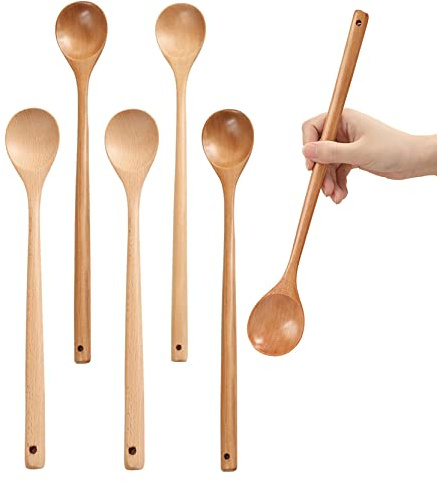 UPTALY 6 cucharas largas para sopa de madera (34 cm), cuchara de madera de haya 100% natural con mango largo, cucharada de madera de hemu, cucharas de degustación, juego de cucharas de mezcla redondas