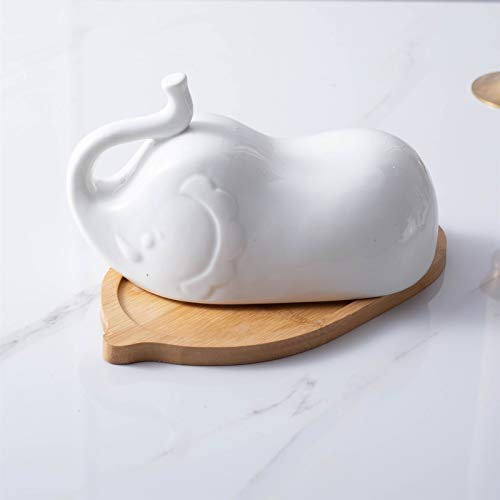 Plato de Mantequilla para Encimera Plato de mantequilla de elefante blanco con la tapa del fondo del diseño antideslizante, placa de fruta Caja de mantequilla de cerámica Placa de mantequilla de vaca
