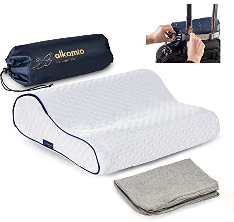 alkamto Reisekissen – Campingkissen – Ergonomisches Memory-Schaum-Kissen mit Temperaturregulierendem Bezug – Extra Baumwollbezug – Inklusive Reisetasche (35 X 30 X 10/8 cm - Weiß)