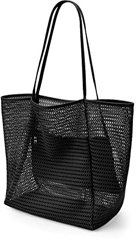 KALIDI Mesh tygväska, 23 L strandväska extra stor tygväska för kvinnor med dragkedja ficka axelväska sommar strandväskor återanvändbar shoppingväska för picknick semester resor livsmedel, Svart, Large