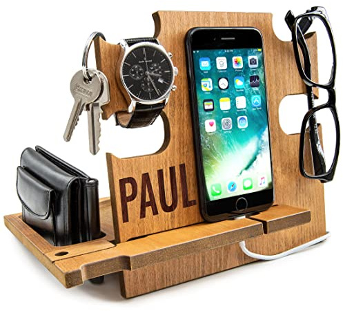 Regalo per Uomini, Docking Station in Legno, Organizzatore da Scrivania per Lui - Idea Regalo per Uomo, Svuota Tasche Personalizzzato, Svuotatasche per Uomo, Regalo San Valentino, Regali Natale (TEAK)