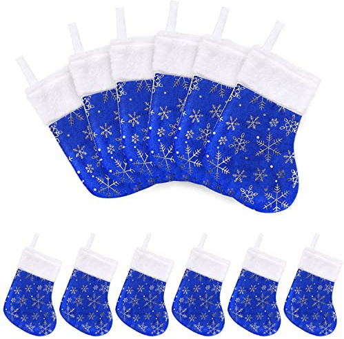 CCINEE Christmas Mini Stockings, 12pcs 9 Inches Glitter Silver Snowflake Blue Print with Plush Cuff Classic Stocking Decorations for Xmas Festive Gifts Home Fireplace Decor
