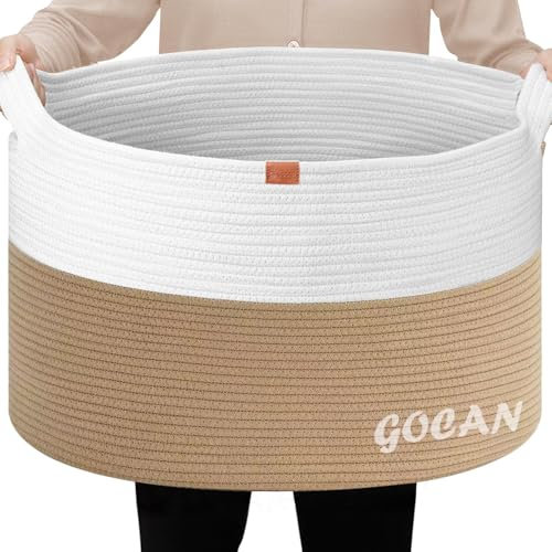 GOCAN - Cesto portabiancheria XXXL in corda di cotone, 55 cm di diametro x 35 cm di altezza, cesto portaoggetti con manici per coperte, giocattoli per bambini, piante, cuscini per il soggiorno