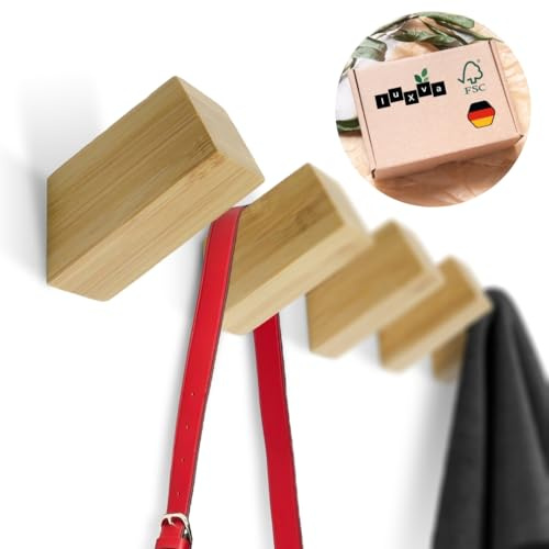 luXva® Bambus Wandhaken 5 Stück, natürliche Holz Kleiderhaken für Jacken, Mäntel, Schals, Handtaschen, Hüte u. Mehr, minimalistische handgefertigte Garderobenhaken