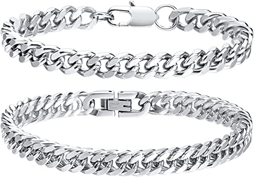 VNOX 2pcs Bracelet Gourmette Maillons Cubains Homme, Robuste Acier Inoxydable Bord Large Ensemble pour les hommes papa petit ami mari, 19-23CM (23, Argent)