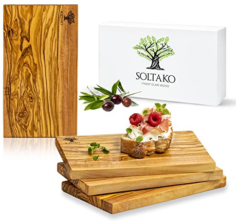 SOLTAKO Premium Frühstücksbrettchen Olivenholz 4er Set - Frühstücksbrettchen Set aus hochwertigem Olivenholz - geeignet als Frühstücks-, Brotzeit- oder Servierbrett - jedes Brett ein Unikat