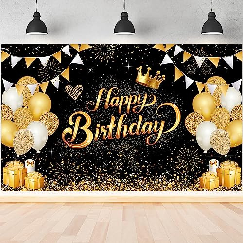 jijAcraft Geburtstag Dekoration, Schwarz-Gold Party Banner, Happy Birthday Banner Poster (185cm×115cm)