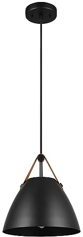 Globe Electric 67000099 1-Light Pendant Light Fixture, Matte Black, Faux Leather Accent Belt, Adjustable Hanging Height, Braided Fabric Cord, Dimmer Switch Compatible, Modern Lighting