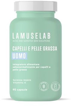 LAMUSELAB Integratore Capelli e Pelle Grassa Uomo Con Estratti Vegetali Vitamine e Minerali, per il Benessere dei Capelli, Antiossidante per la cura della Pelle, Senza Glutine, 90 Capsule