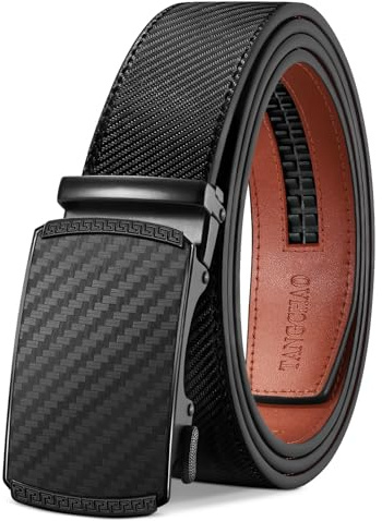TANGCHAO Cinturón Hombre Cuero, Cinturon con Hebilla Automática Cinturones de Trinquete 35mm de Ancho Tamaño Ajustable para Pantalones Formales Vestir Traje Fibra de carbono Negra