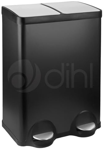 Dihl 60L Stainless Steel Pedal Bin, Black | Dual 30L Removable Buckets, Soft-Close Lids, Double Twin Recycle and General Waste Bin, 60 Litre Capacity