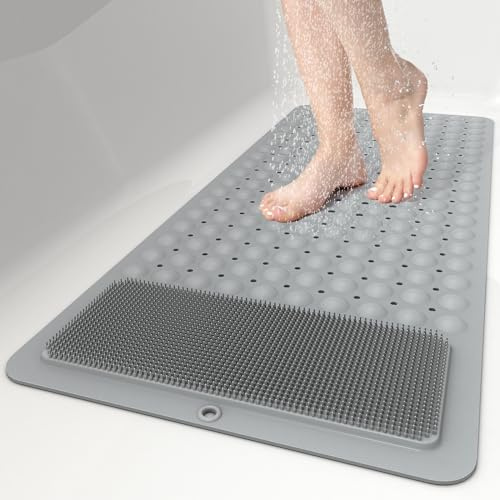 OTHWAY Bathtub Mat Non Slip, Soft Foot Scrubber Shower Mat, 100 x 40 cm Long TPE Bath Mat for Tub, Machine Washable Shower Mat Non Slip with Suction Cups Drain Holes for Feet Massage Exfoliating(Grey)
